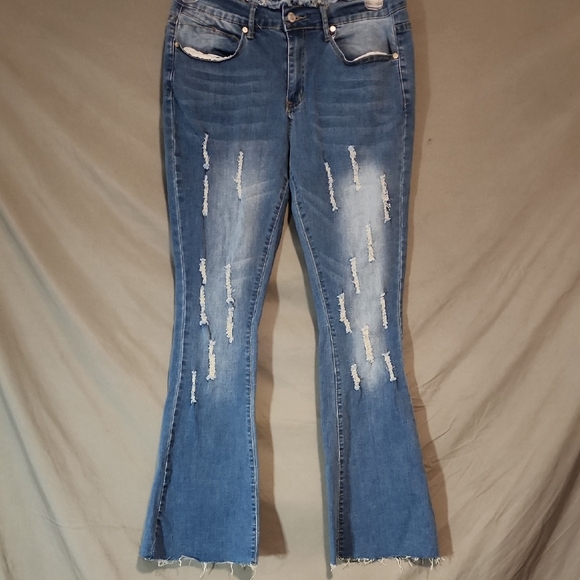 Stylish Distressed Blue Flare Jeans - Picture 1 of 5